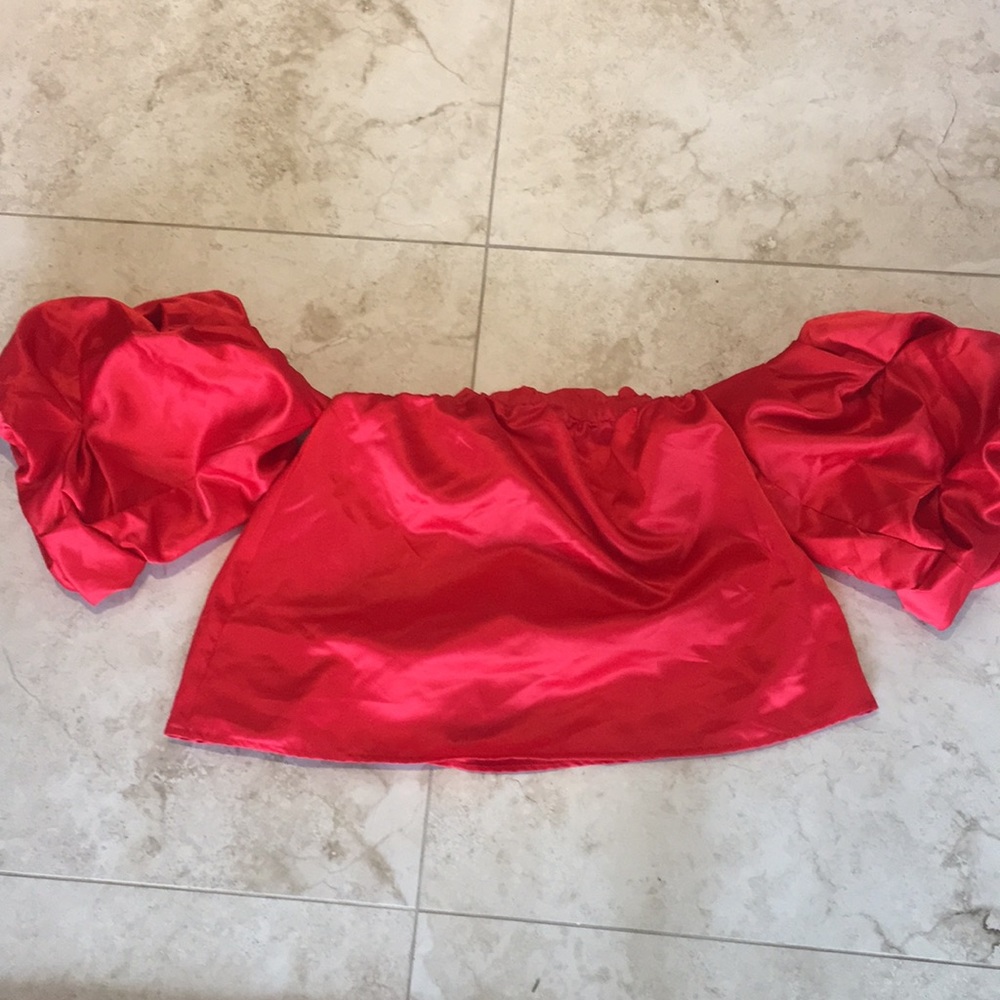 Red silk off the shoulder puffy sleeve top
